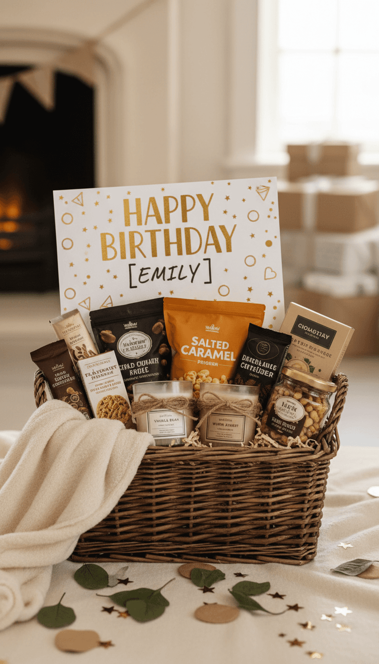 Personalized gift hamper with snacks and candles for a birthday