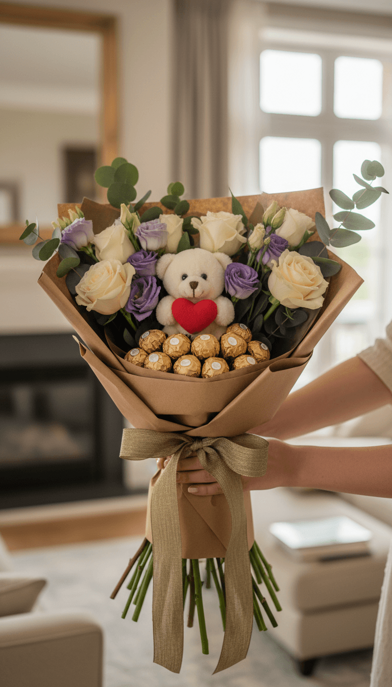 Hand-tied gift bouquet with chocolates and a small teddy bear