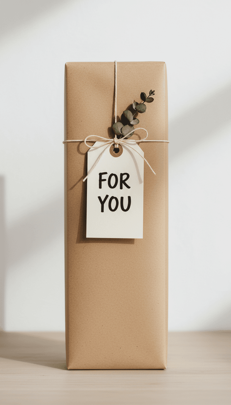 Minimalist gift box with kraft paper and a personalized tag