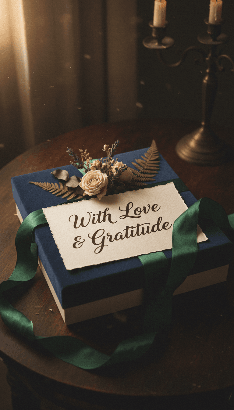Custom gift box with handwritten note and dried flowers in moody light