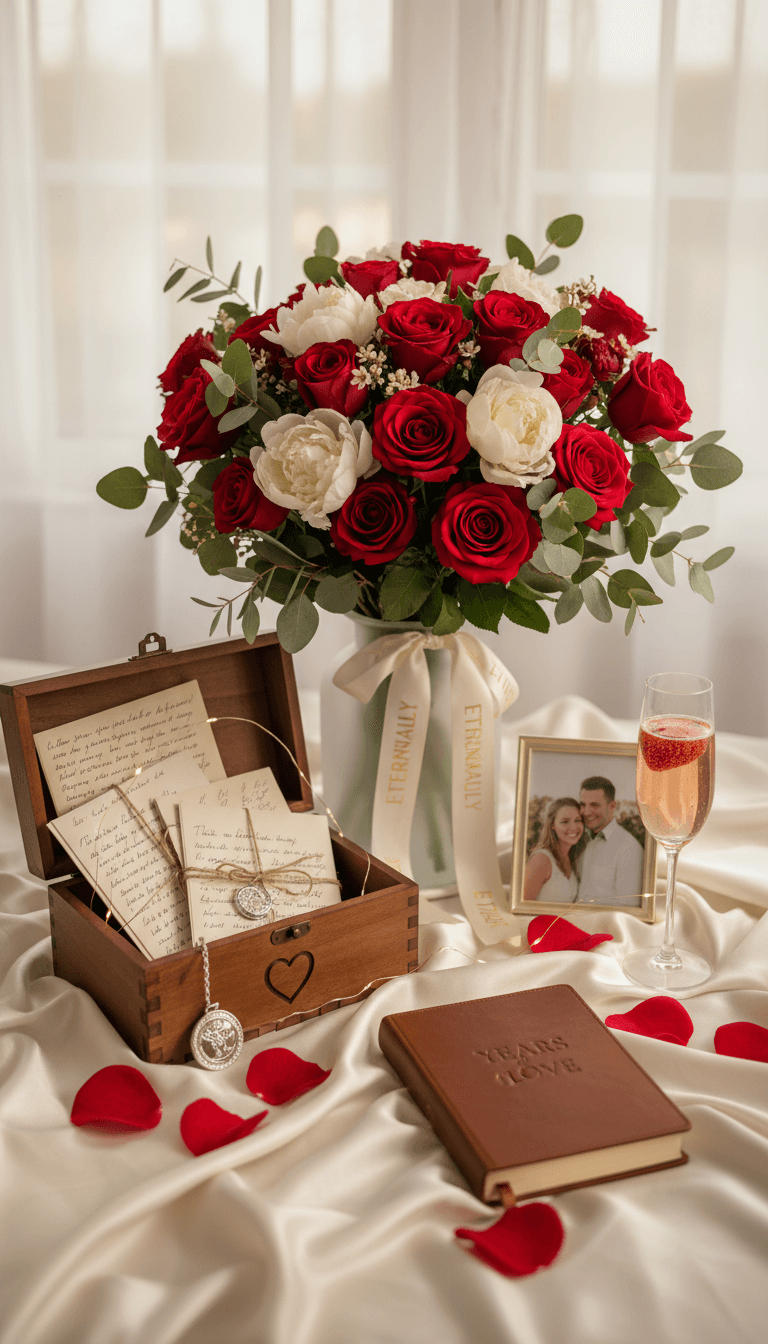 Romantic anniversary gift set with flowers and keepsakes