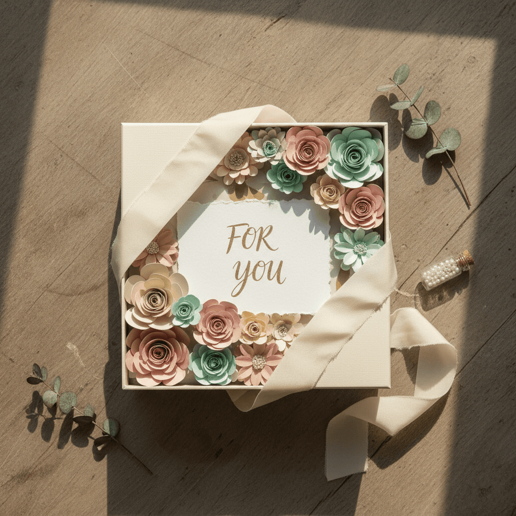 Customized gift box with handmade flowers and ribbon