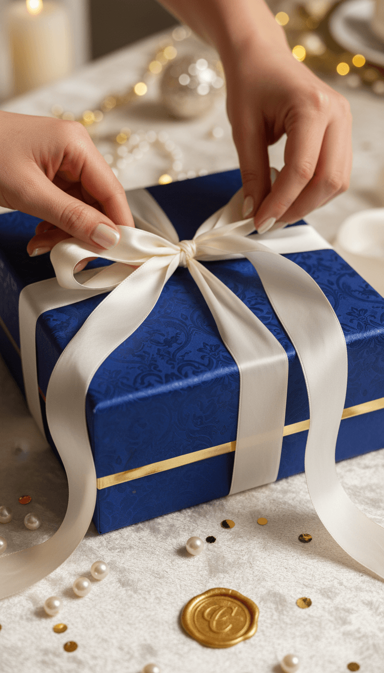 Elegant gift box being wrapped with ribbon, close-up
