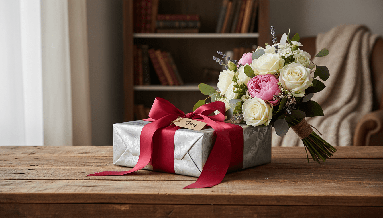 Elegant customized gift box and bouquet arrangement in warm setting