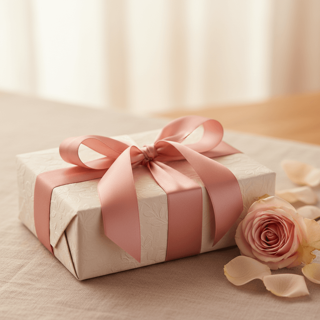 Elegant gift box with ribbon and dried flowers on soft neutral background