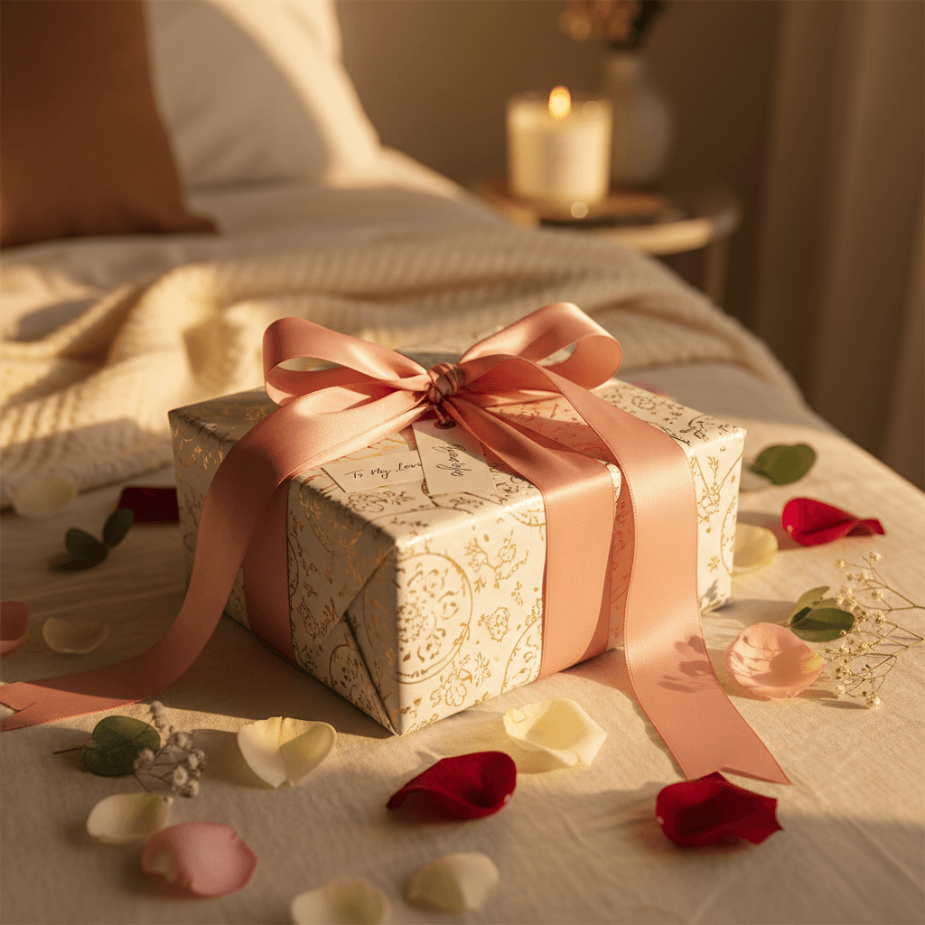 A thoughtfully wrapped gift box with a ribbon and dried flowers, styled with warm lighting