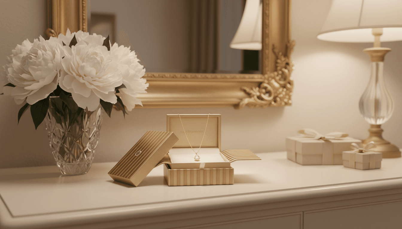 Colorful gift boxes and bouquets arranged on a table with warm lighting