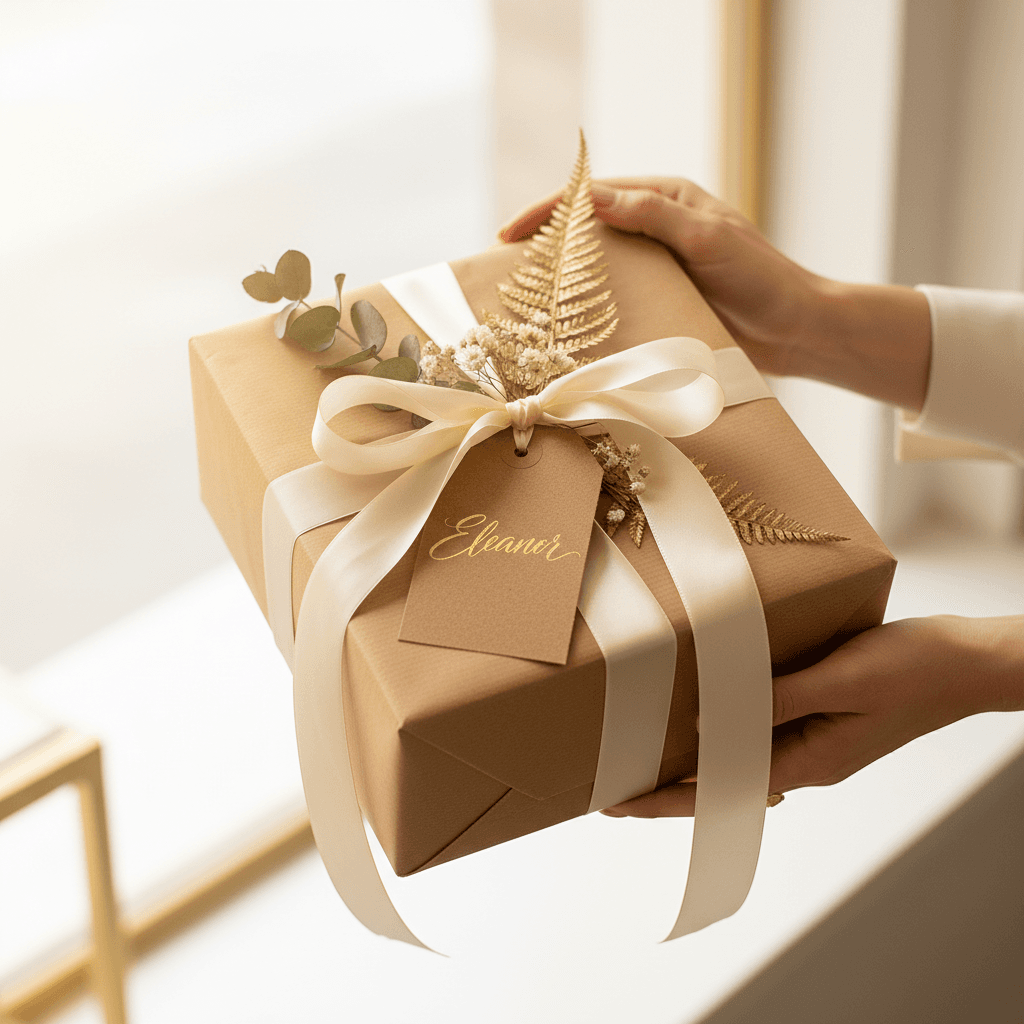 Personally customized gift box with ribbon and note card