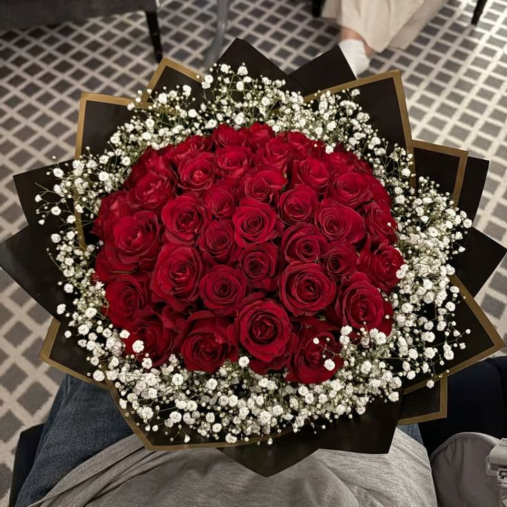 Large bouquet of red roses and white baby's breath in black and gold wrapping.