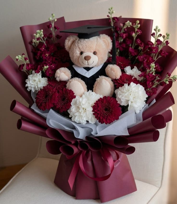 Teddy bear wearing graduation cap and gown inside a maroon and white floral bouquet.