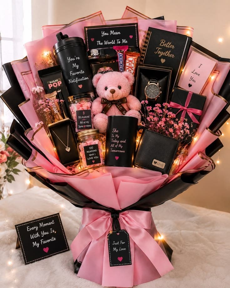 Large pink and black gift bouquet featuring a teddy bear, watch, jewelry, and romantic messages.